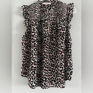LOFT  Leopard Print Smocked Blouse Ruffle Sleeve Small